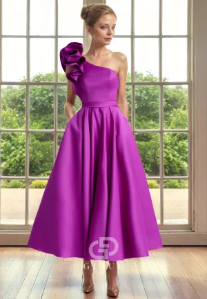 A-Line One Shoulder Sleeveless Tea Length Ruffles Mother of Bride Dress with Bow Knot