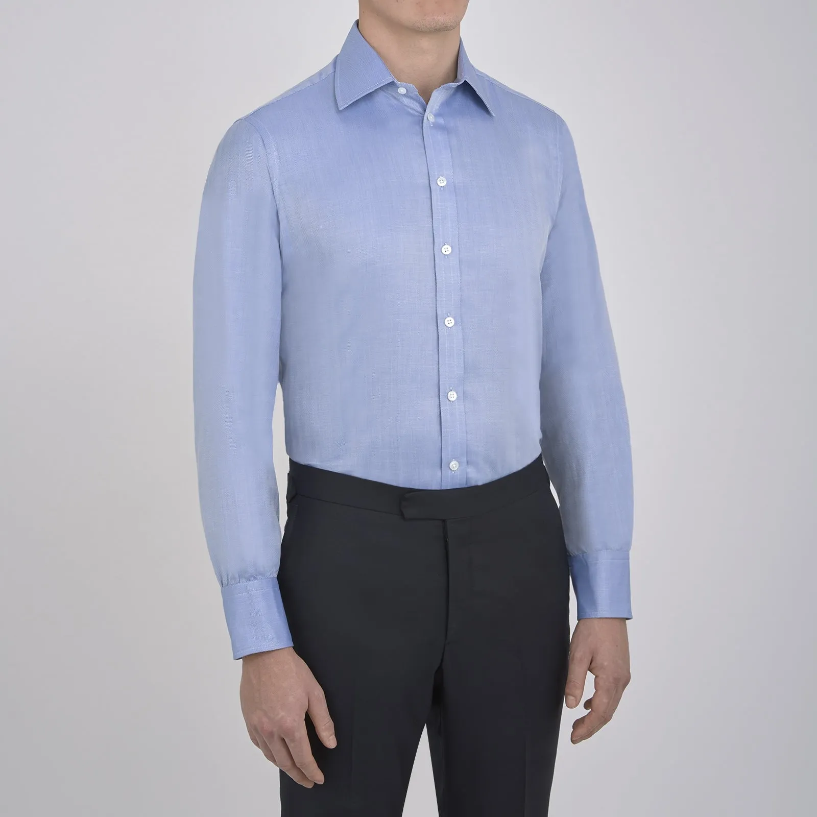 Blue Herringbone Superfine Cotton Shirt with T&A Collar and 3-Button Cuffs