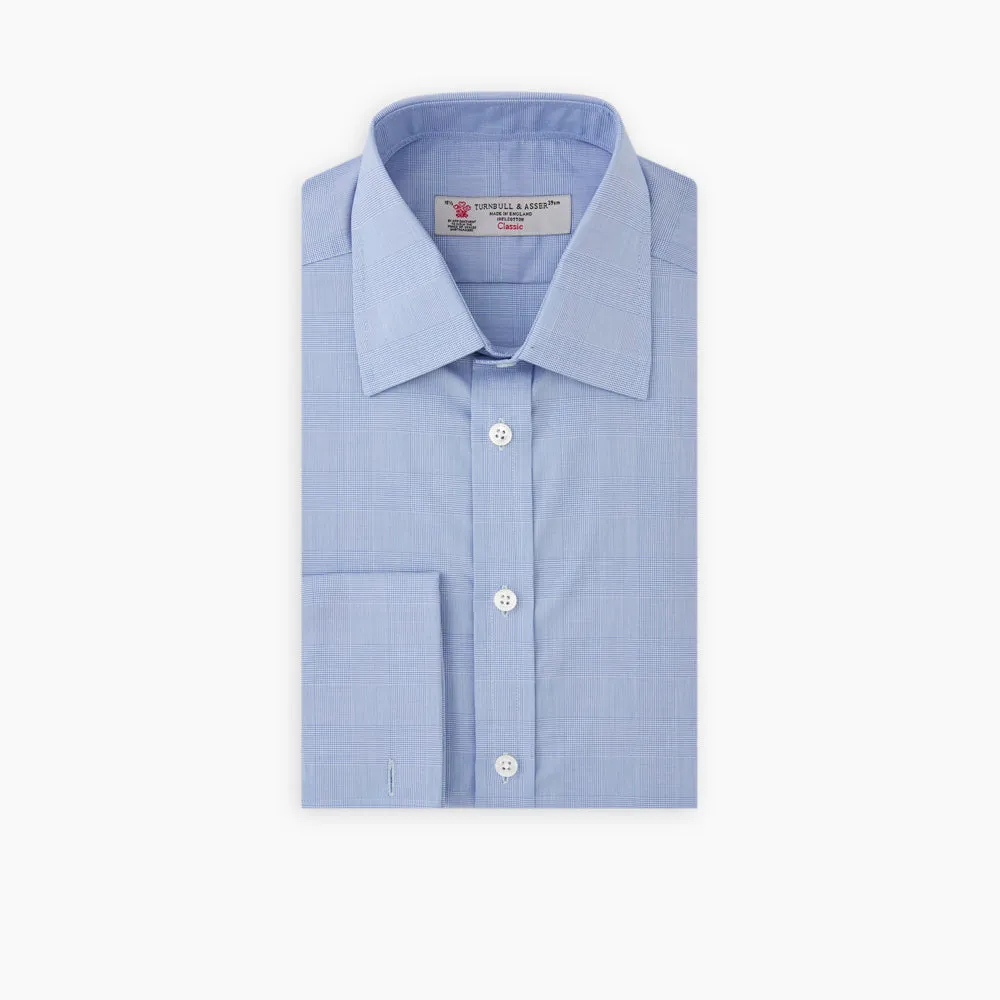 Blue Prince of Wales Check Shirt with T&A Collar and Double Cuffs