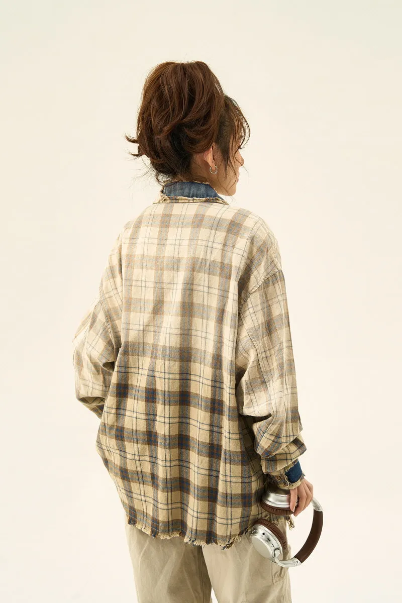 Color-Blocked Frayed Long Sleeve Shirt Loose Plaid Design