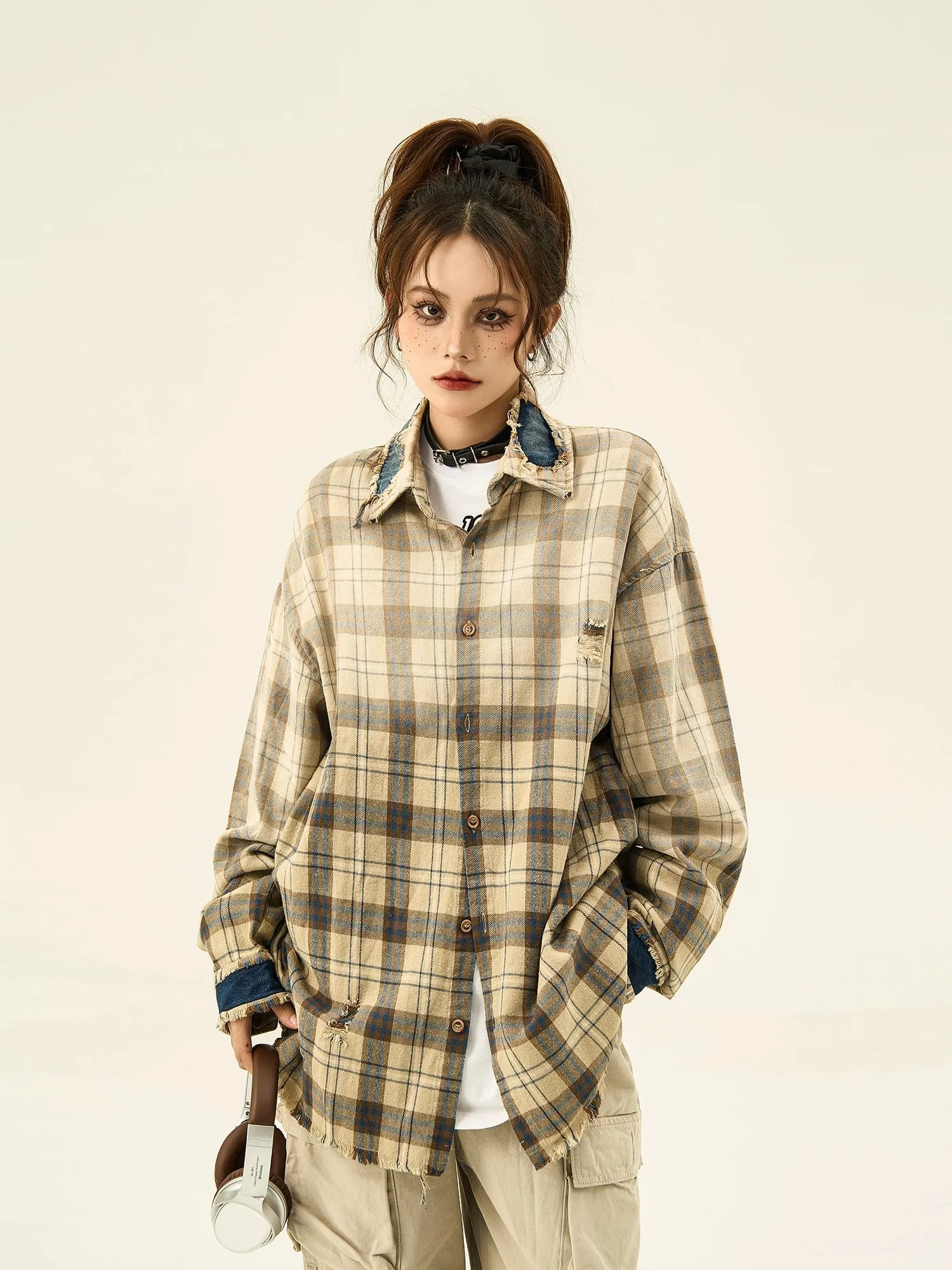 Color-Blocked Frayed Long Sleeve Shirt Loose Plaid Design