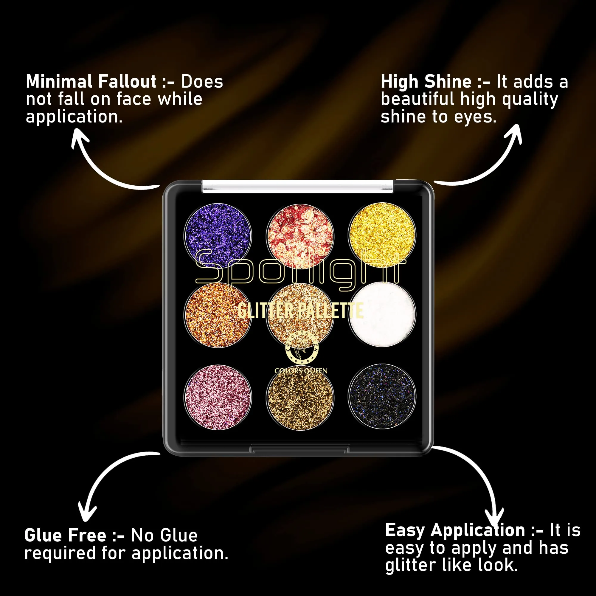 Colors Queen Glitter Eyeshadow Palette, 9 Glitter Eyeshades| Shimmery Finish, Blendable Eyeshadow, Finely Pressed & Pigmented Glitter Shades (15 Gram)