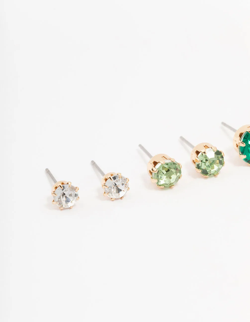 Gold Green Multi Diamante Stud Earrings 3-Pack