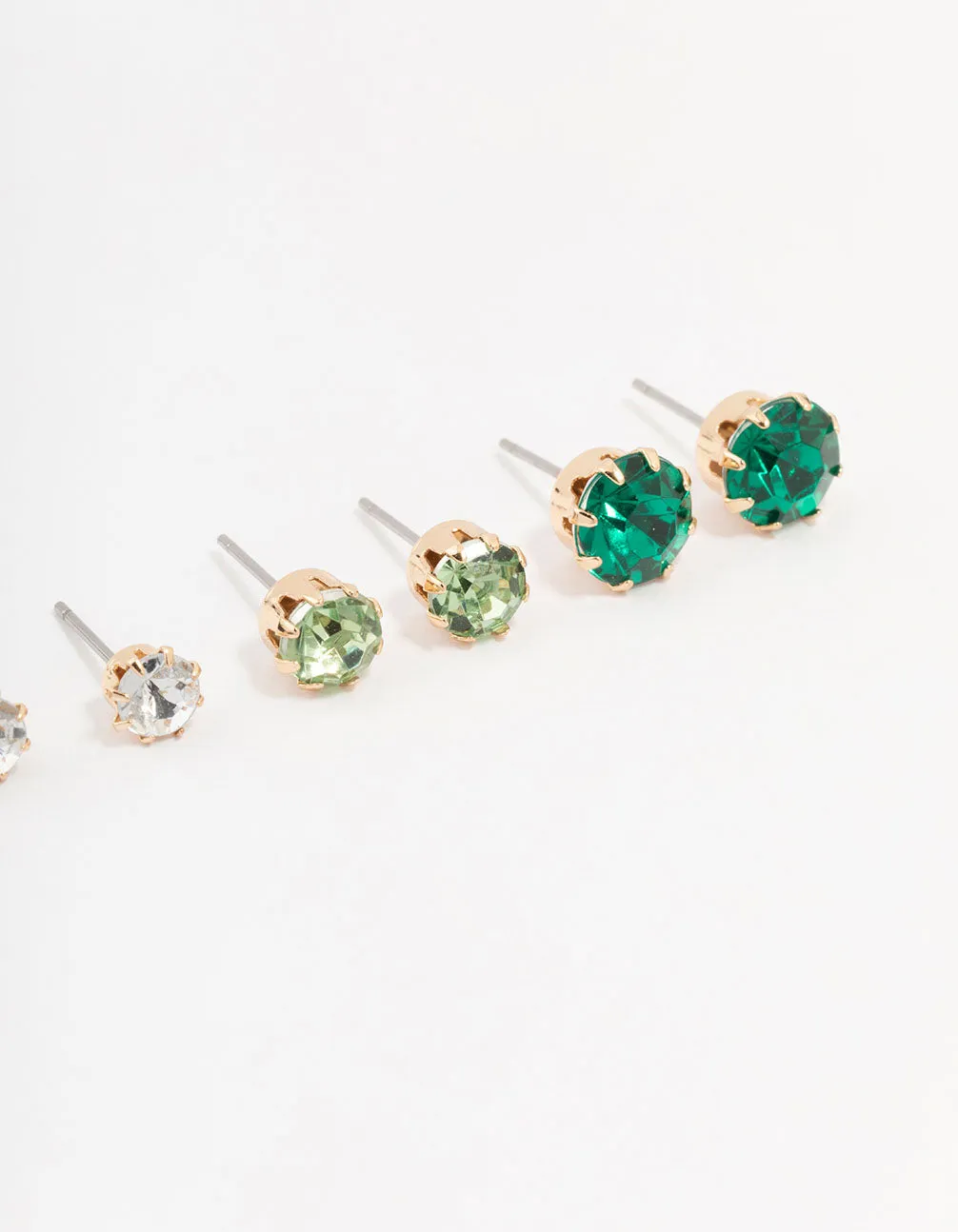 Gold Green Multi Diamante Stud Earrings 3-Pack