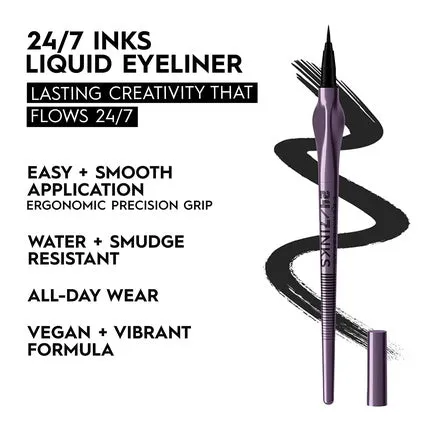 Ink 24/7.  Liquid eyeliner.  Waterproof smudge-resistant.  Vegan formula.  Precise tip with ergonomic handle .  Zero matte black. Urban Decay