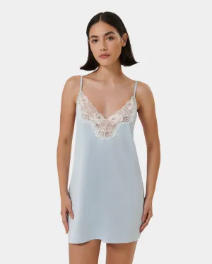 Isabella Luxury Satin Short Chemise Ice Water Blue/White