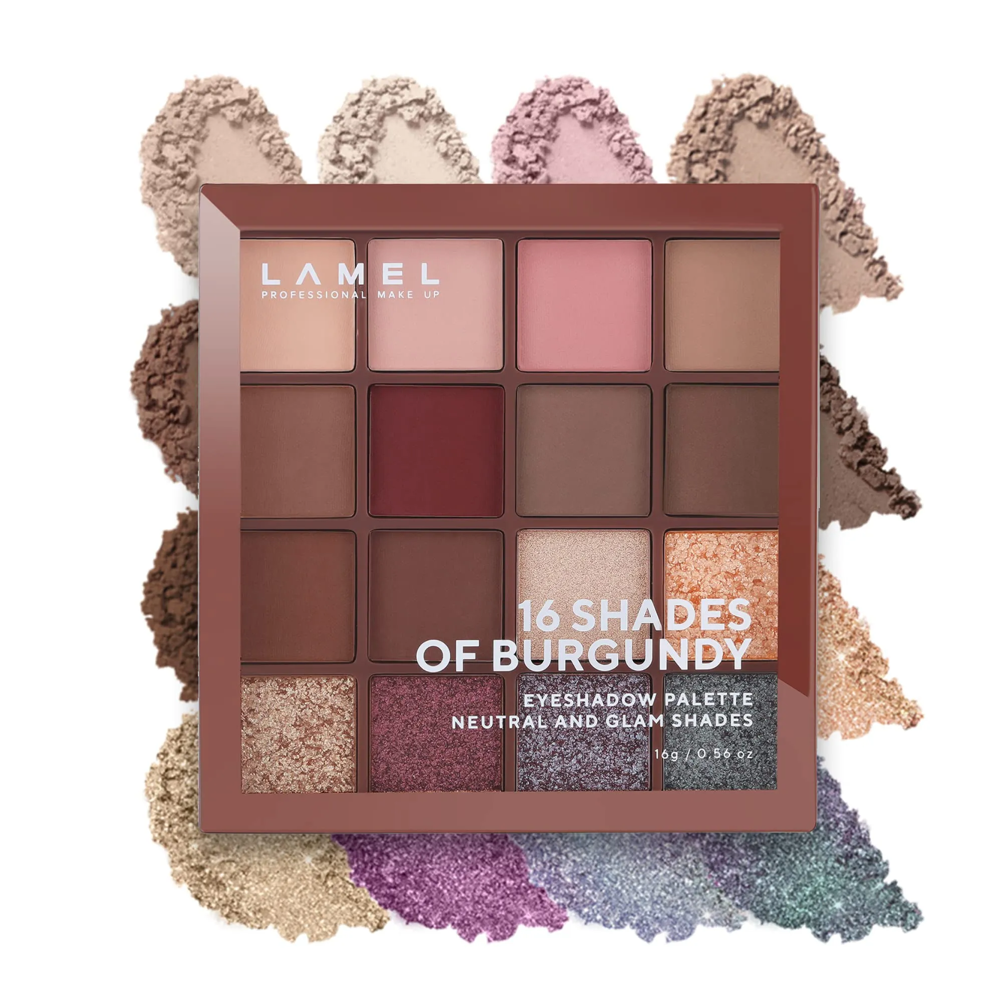 Lamel- 16 Shades of Burgundy- Eyeshadow Palette | Silky-smooth, creamy eyeshadows | Rich pigment |Does not crease or smudge |Perfect for casual and dramatic looks | Ultra blendable formula | 16 gm