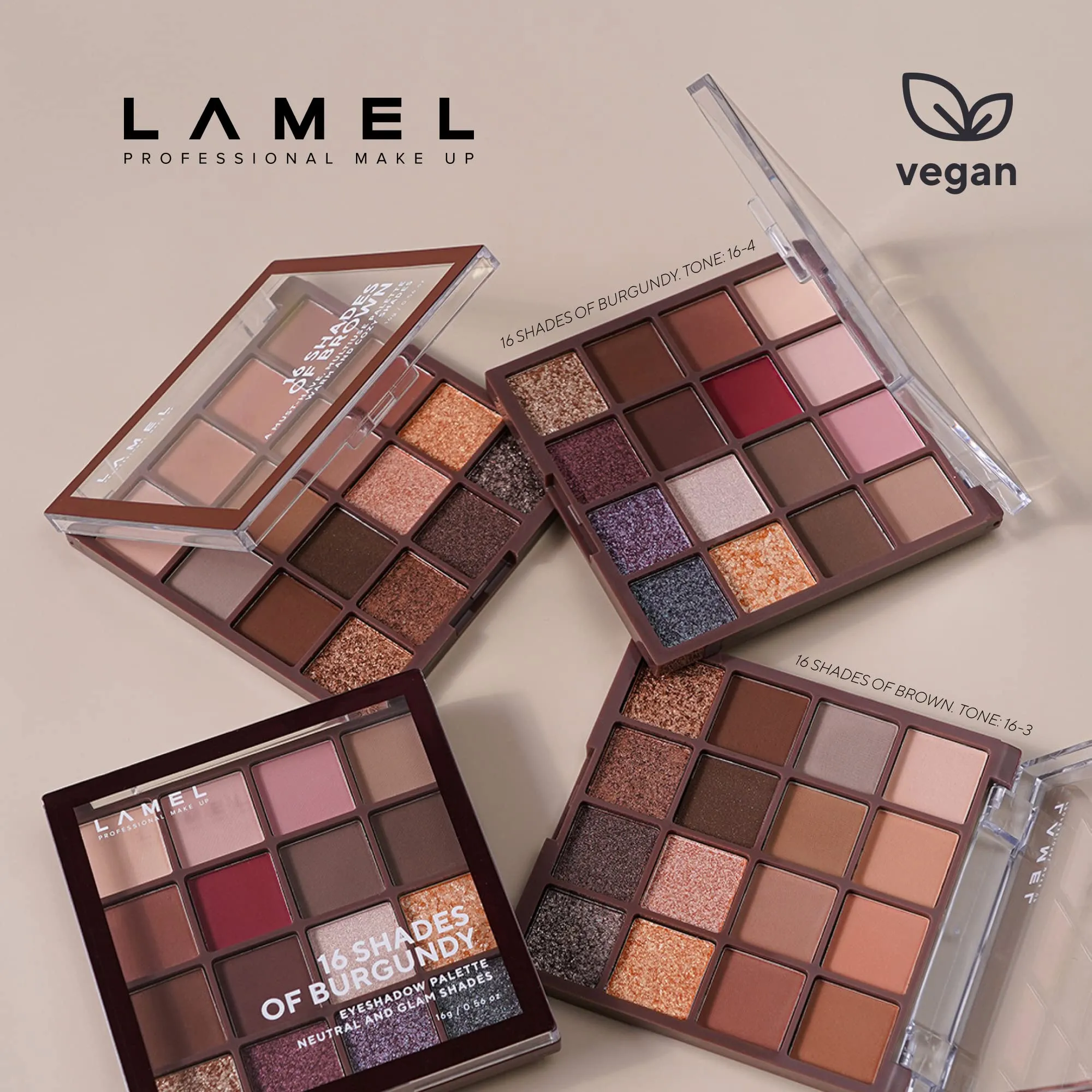 Lamel- 16 Shades of Burgundy- Eyeshadow Palette | Silky-smooth, creamy eyeshadows | Rich pigment |Does not crease or smudge |Perfect for casual and dramatic looks | Ultra blendable formula | 16 gm