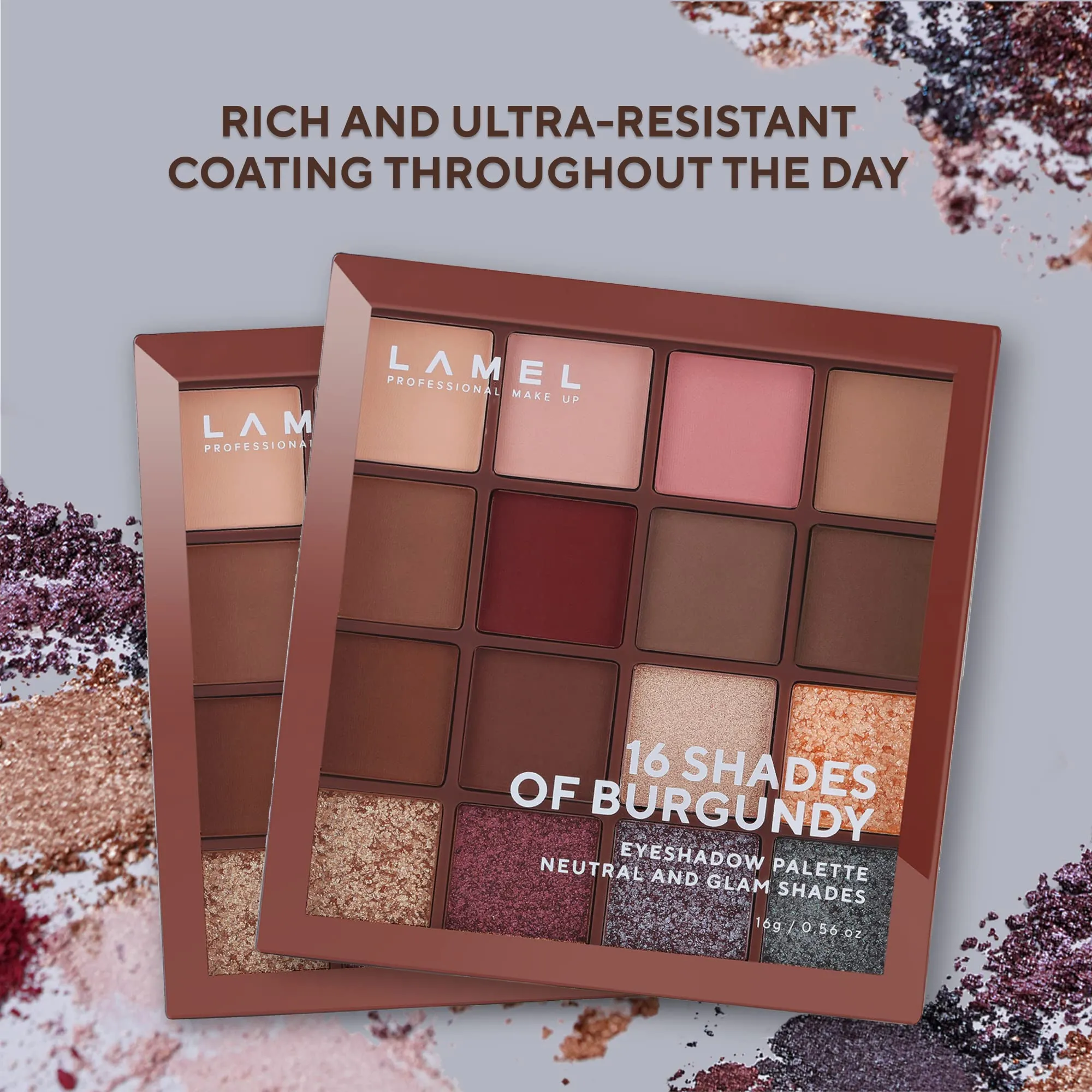 Lamel- 16 Shades of Burgundy- Eyeshadow Palette | Silky-smooth, creamy eyeshadows | Rich pigment |Does not crease or smudge |Perfect for casual and dramatic looks | Ultra blendable formula | 16 gm