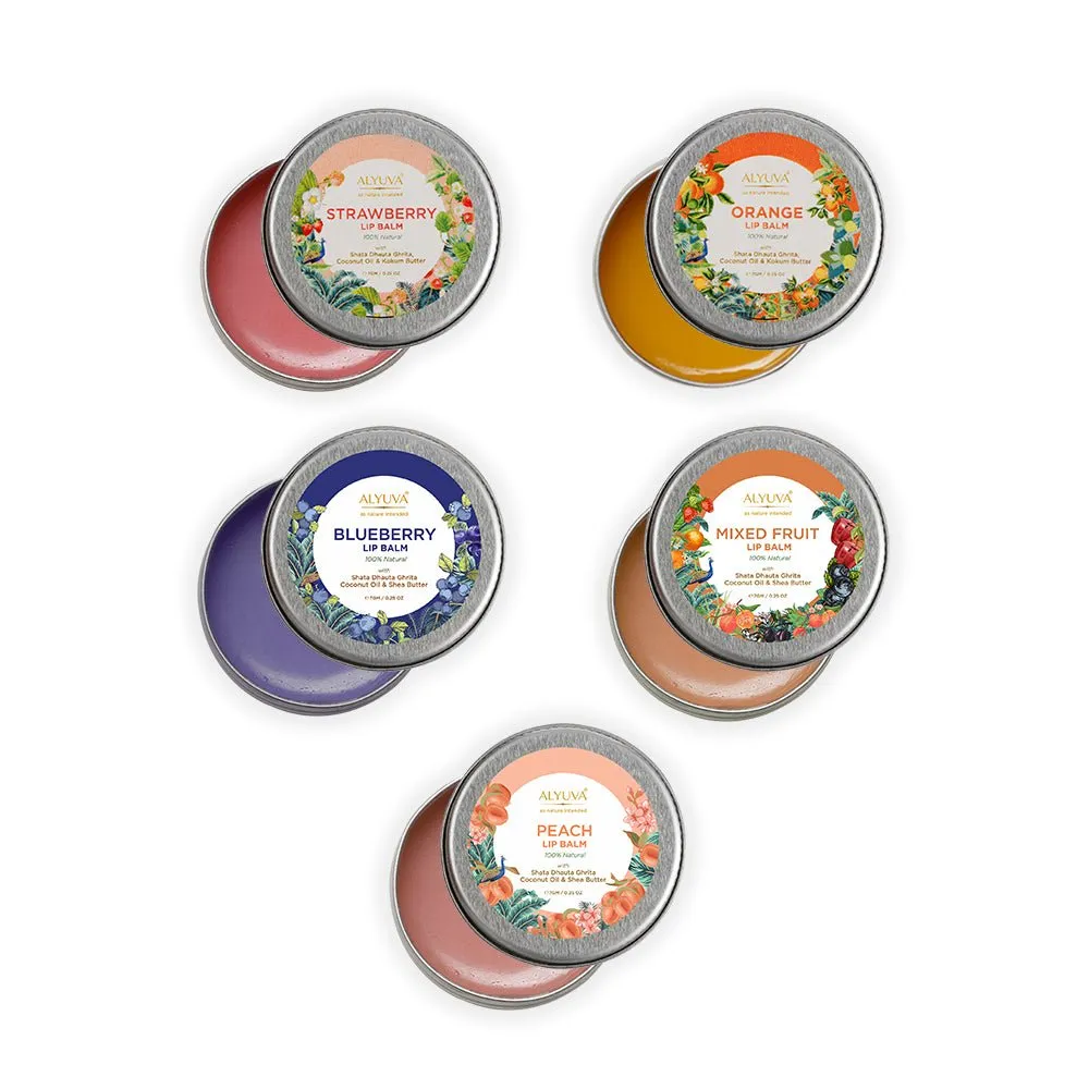 Lip Balm Combo- Strawberry, Orange, Blueberry, Mix Fruit and Peach, 7gms Each