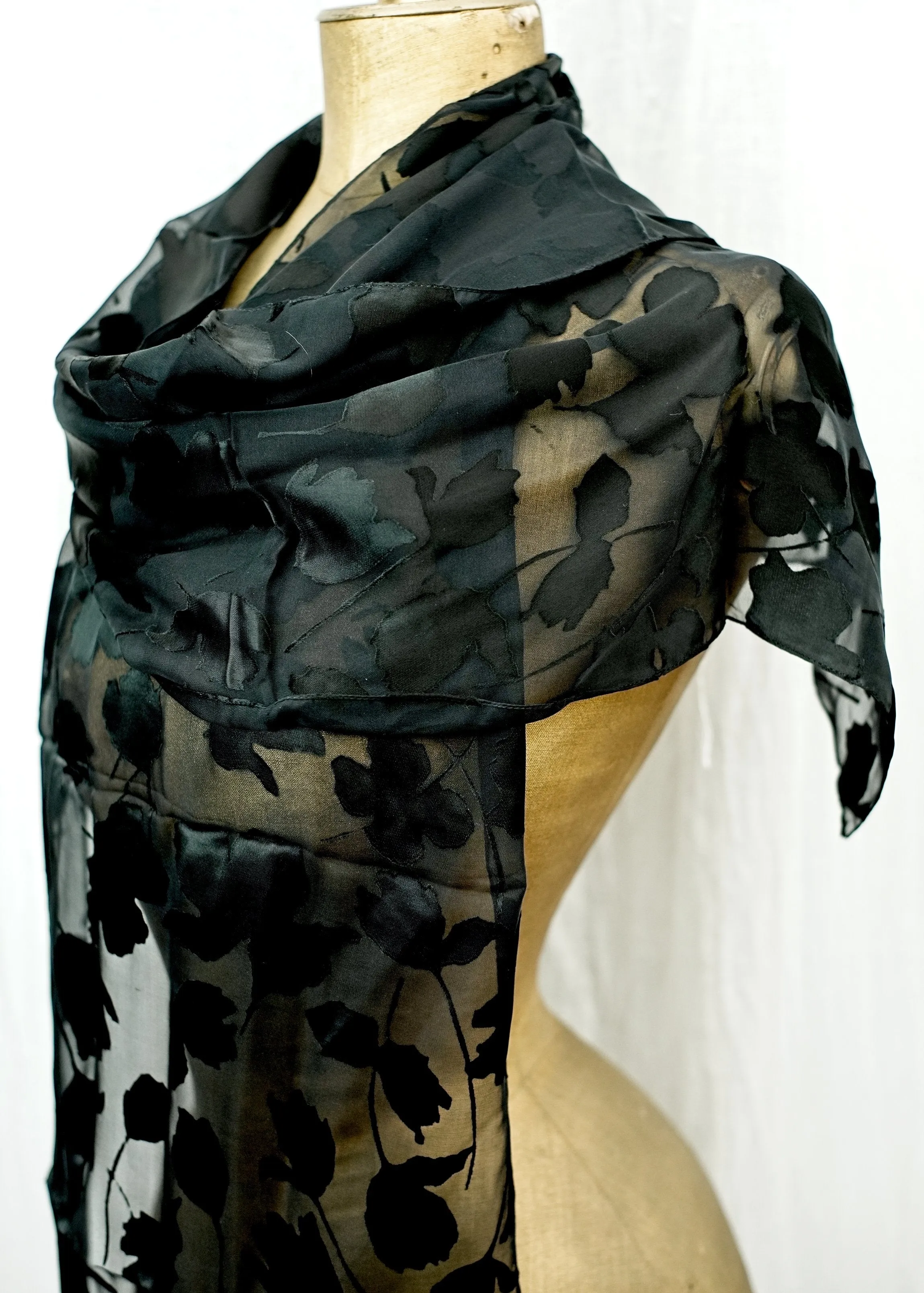 Long Vintage Black Silk Floral Burnout Shawl Scarf