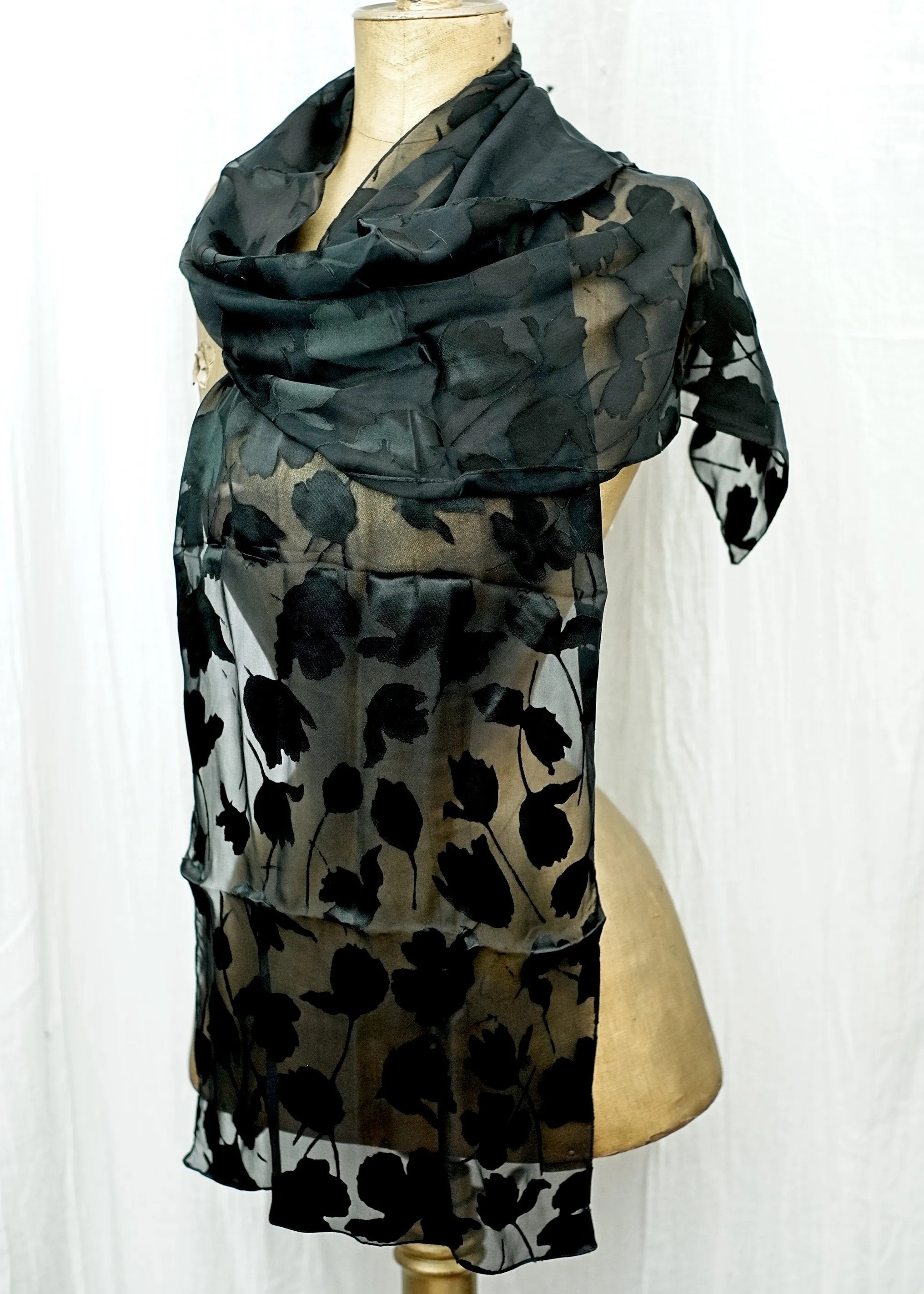 Long Vintage Black Silk Floral Burnout Shawl Scarf