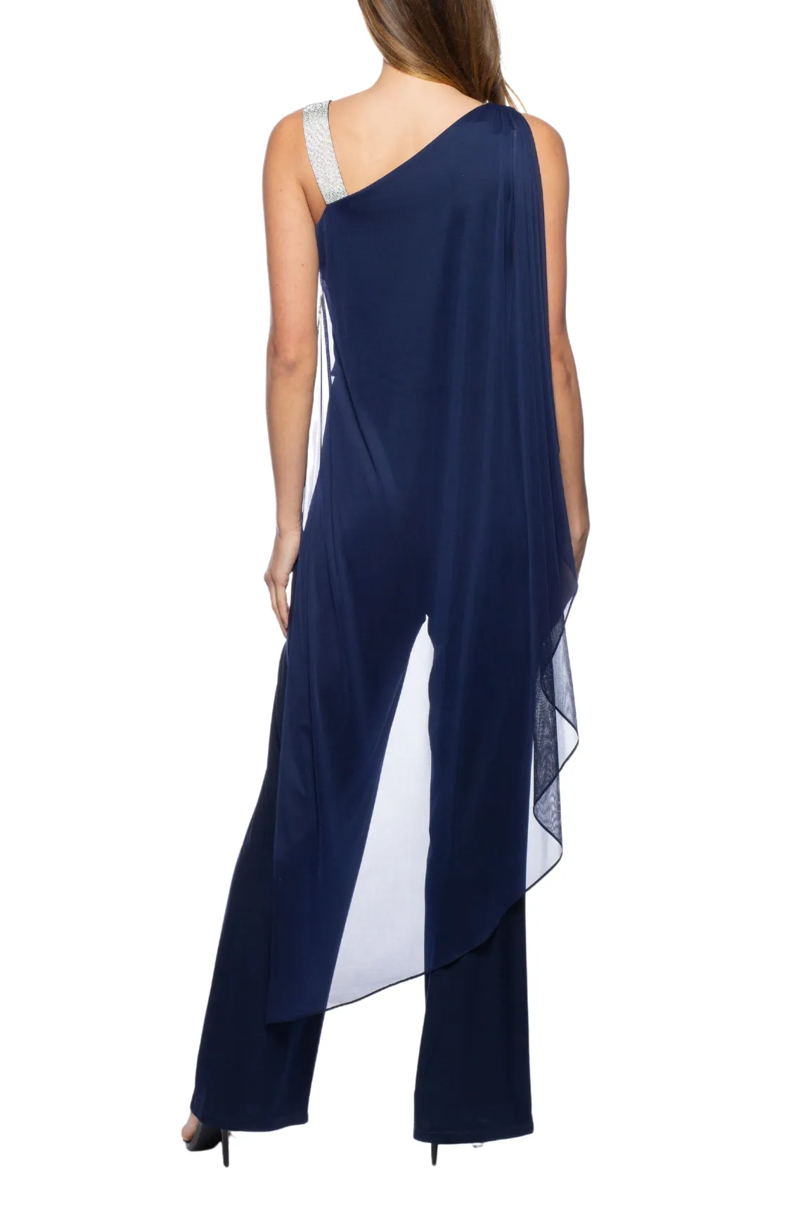 Marina Sleeveless Asymmetric Neck Embellished Chiffon Cape Jumpsuit