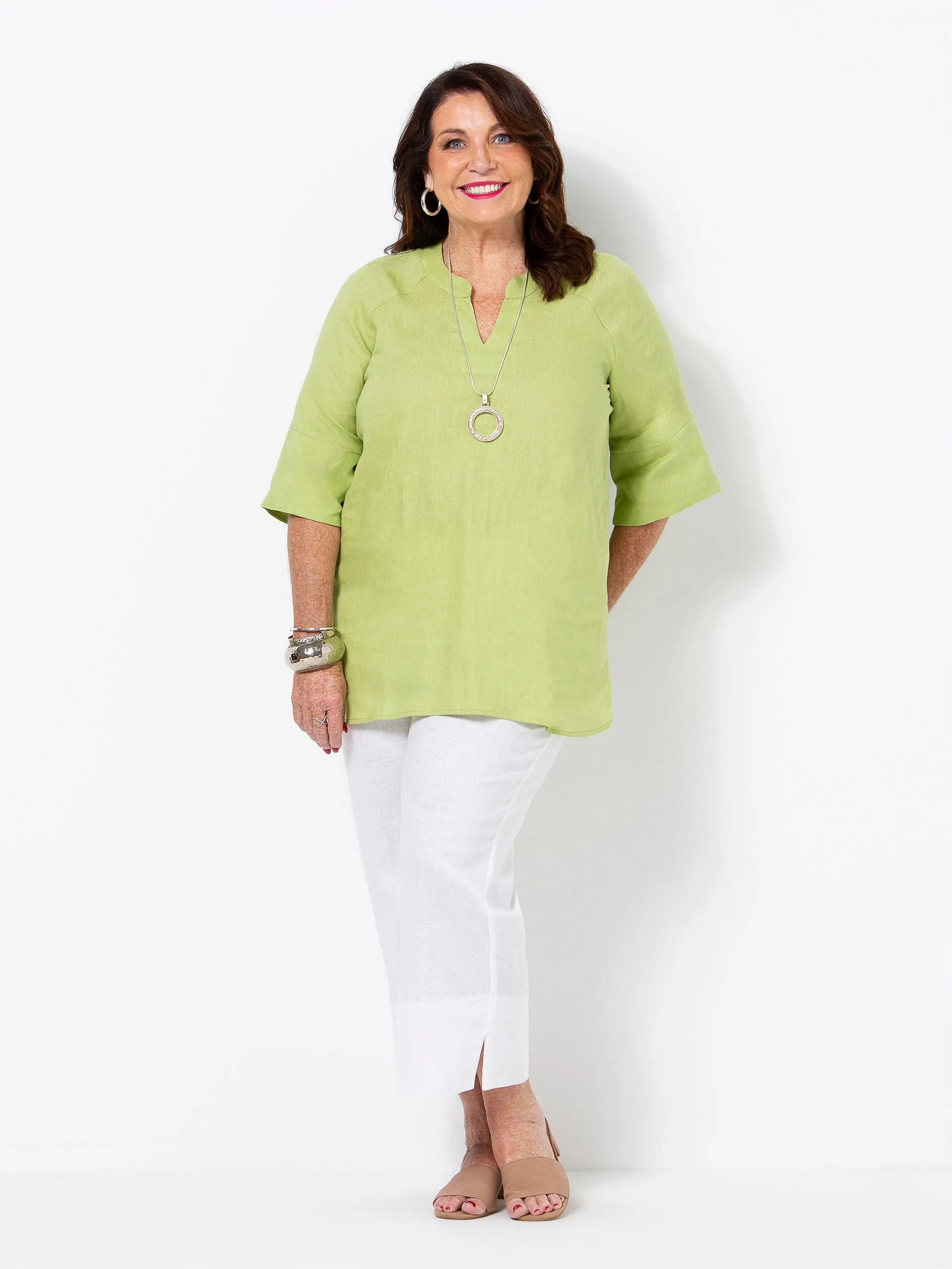 Pear Linen V-Neck Band Top