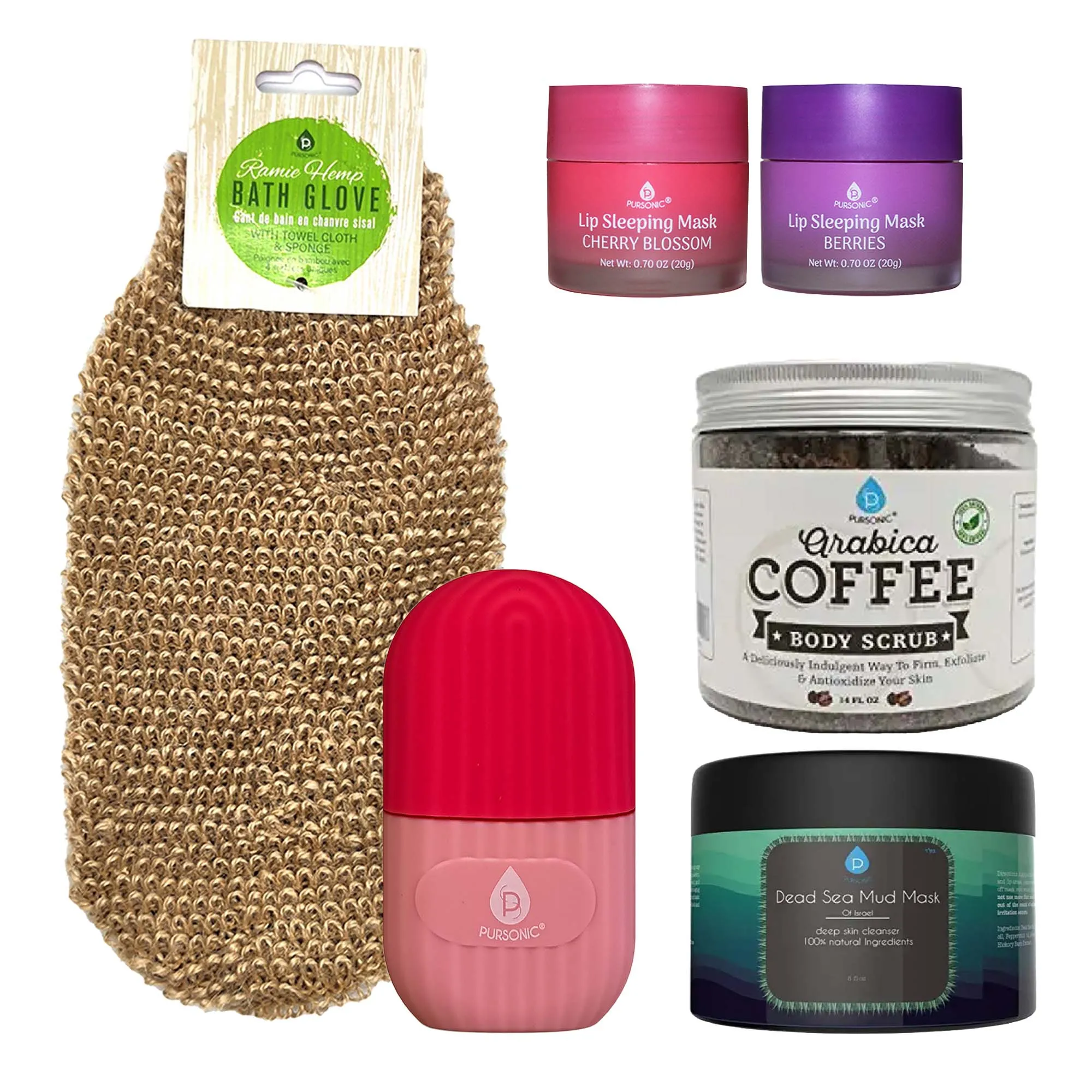 Self Care Night Bundle: Lip Masks, Dead Sea Mud Mask, Ice Roller, Bath Glove & Coffee Scrub