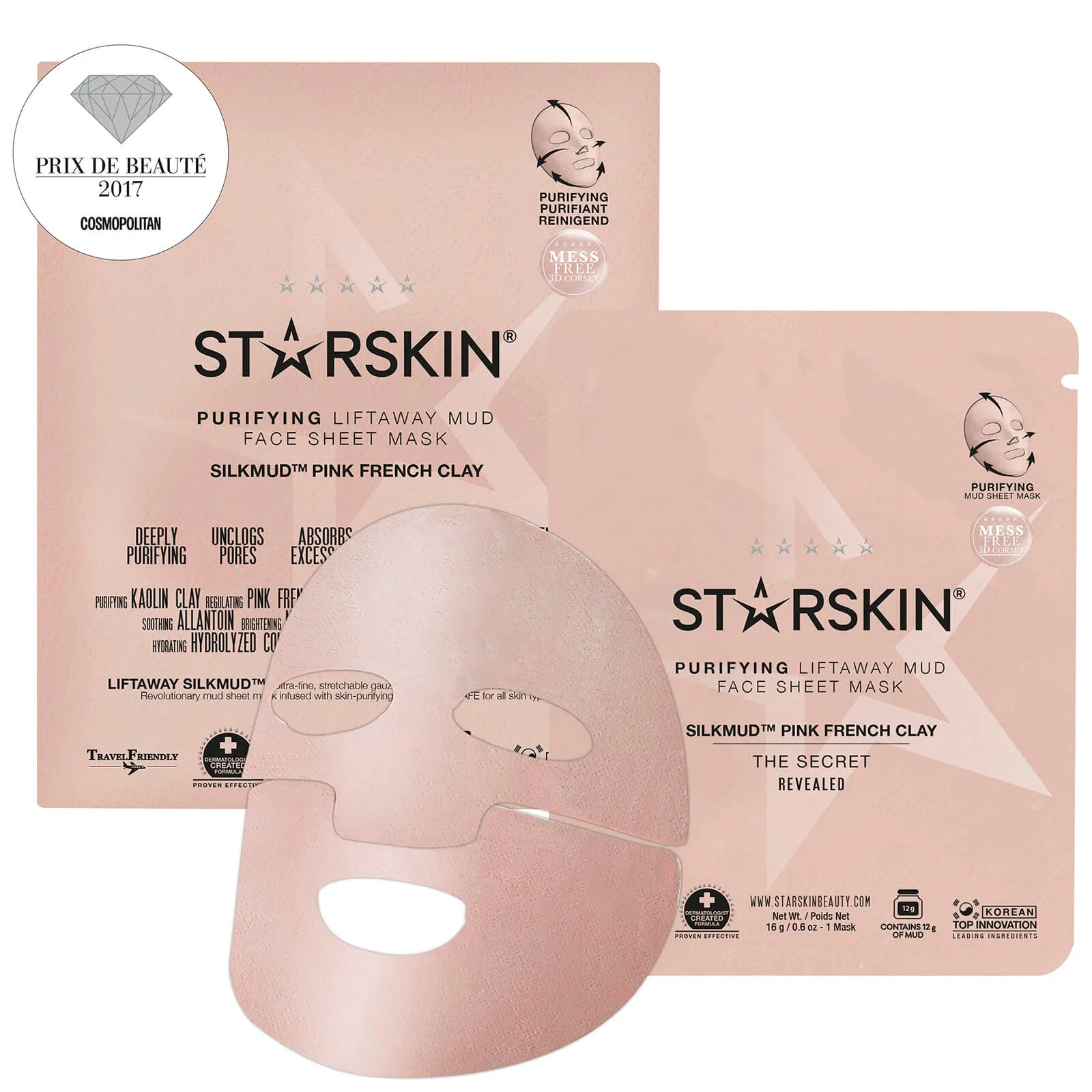 STARSKIN SILKMUD™ Pink French Clay Purifying Liftaway Mud Face Sheet Mask