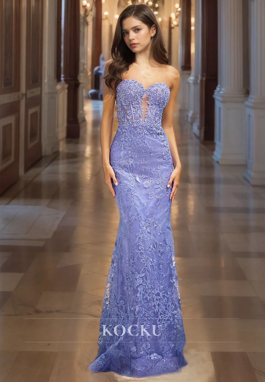 Sweetheart Mermaid Sleeveless Appliques Lace Evening Party Floor-Length Prom Dress with Out Cuts